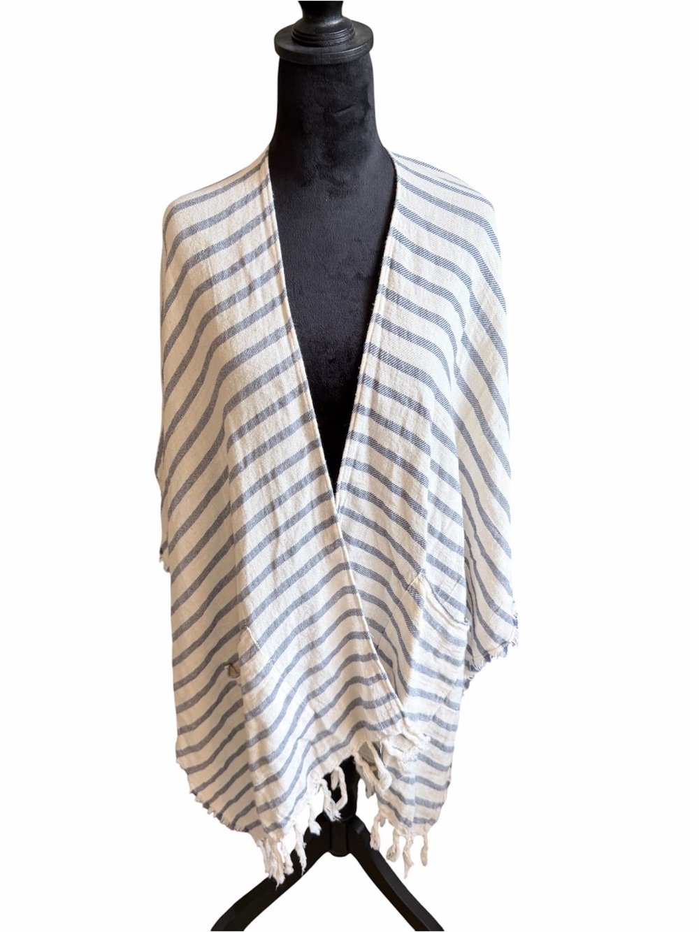 Old Navy Cream and Navy Striped Fringe Cardigan